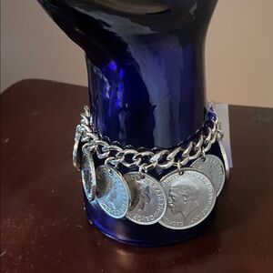 Silver Coin Charm Chain Bracelet - Chunky Link Charm Bracelet